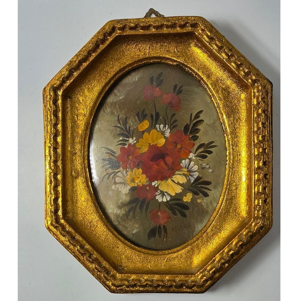 5x7" Vtg Italian Hand Painted Floral Oil Painting Gold Frame Tara Convex Glass